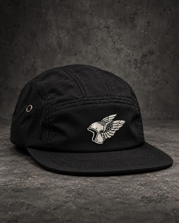 Boné Five Panel preto Bones em ripstop com capacete alado frontal